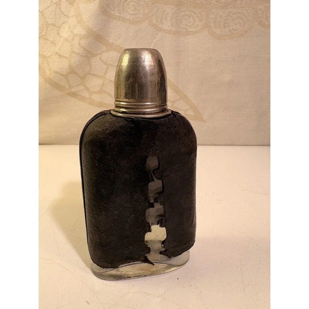 Antique Glass Hip Flask Leather Wrapped Metal Cup Cap Pocket Spirit Bottle 5.5in